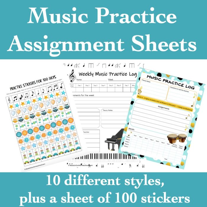 Find 10 beautiful and classy music practice assignment sheets that you can use to get your kids motivated to practice their instruments. The choices include monthly, weekly, and even a 100-day practice chart with a set of stickers to print for it. #musiclessons #musiclessonsforkids #instrumentpractice #pianolessons #musicprintables #ichoosejoyblog #musicinourhomeschool
