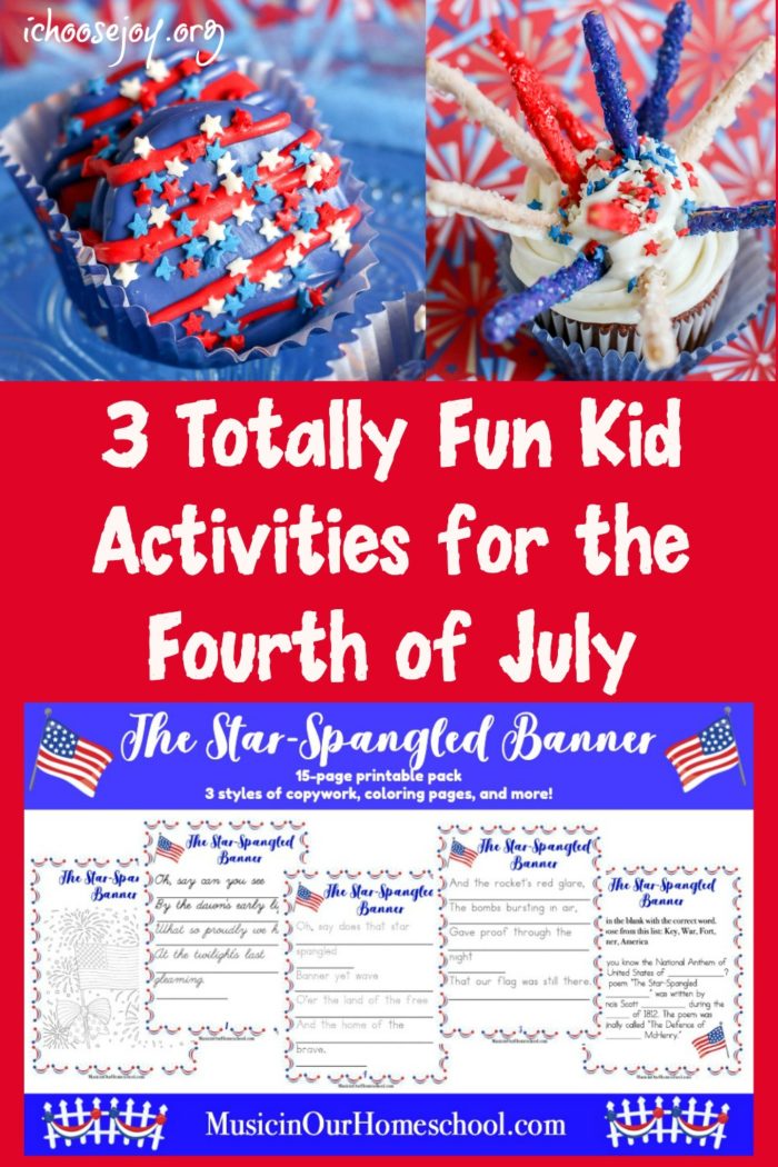 3 Totally Fun Kid Activities for the Fourth of July: Firework Cupcakes, Patriotic Deocorated Cookies, and Star-Spangled Banner printable pack. #fourthofjulyforkids #fourthofjulycookies #fourthofjulycupcakes #ichoosejoyblog