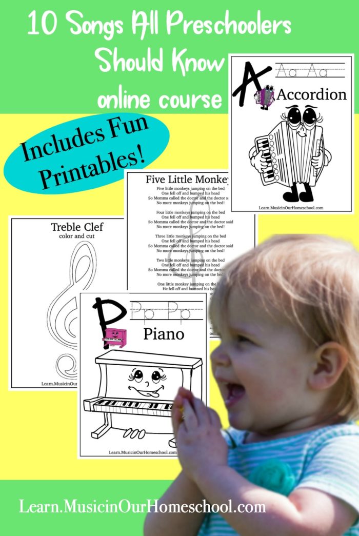 10 Songs All Preschoolers Should Know is the perfect online course to bring some music into your homeschool or preschool! #homeschoolmusic #preschoolmusic #musicinourhomeschool
